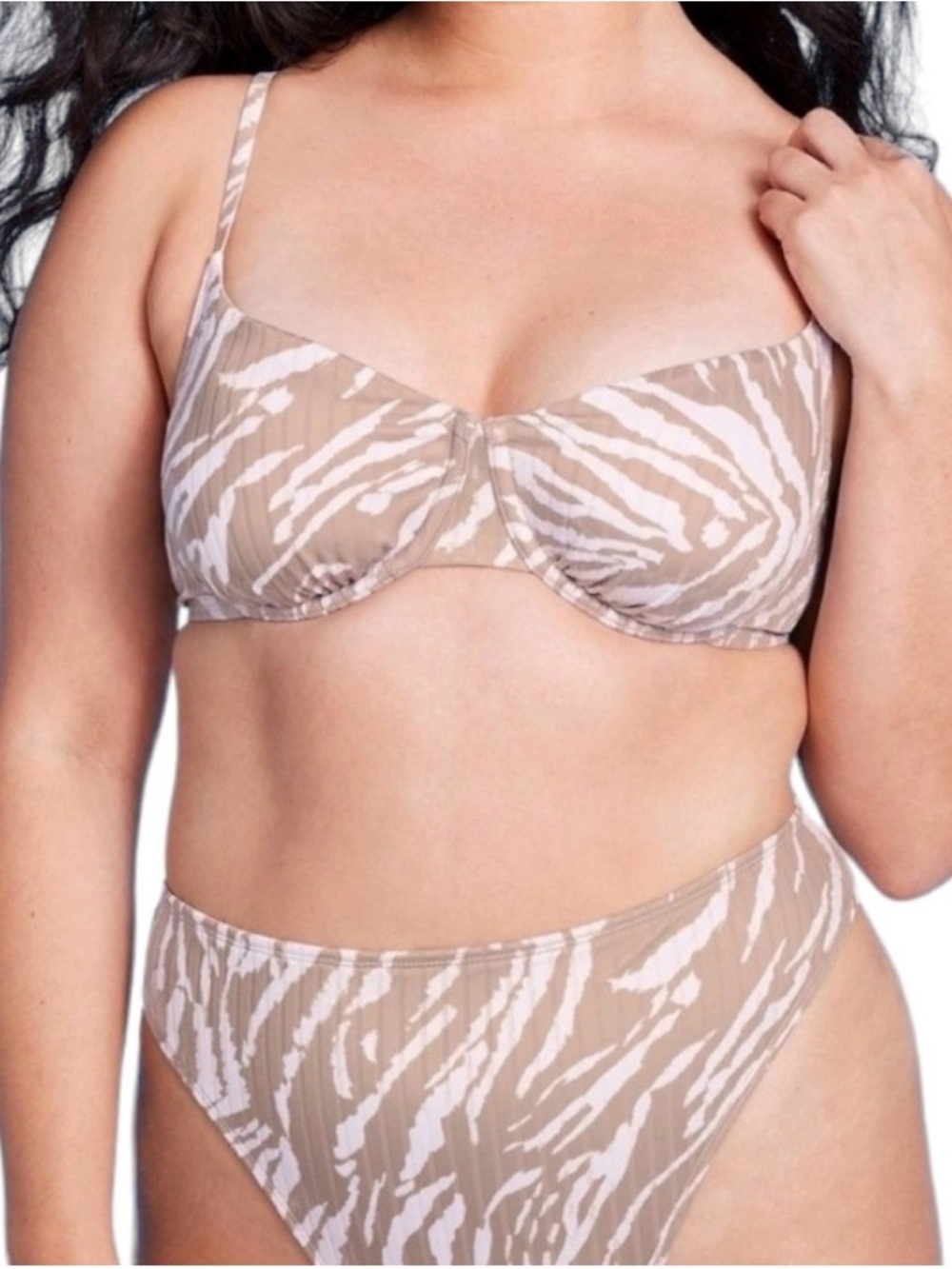 Wild Fable Beige Animal Print Ribbed Underwire Bralette Bikini Set -